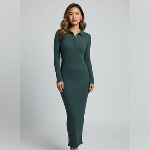 Zara Dark Green Long Sleeve Ribbed Dress